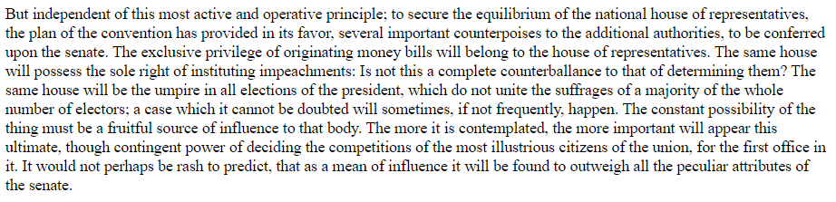 In the Federalist Papers, Hamilton presented impeachment to the people as inherently "POLITICAL," concerned with "the misconduct of public men, or in other words from the abuse or violation of some public trust." Hamilton envisioned the House as having great sway over POTUS. /5