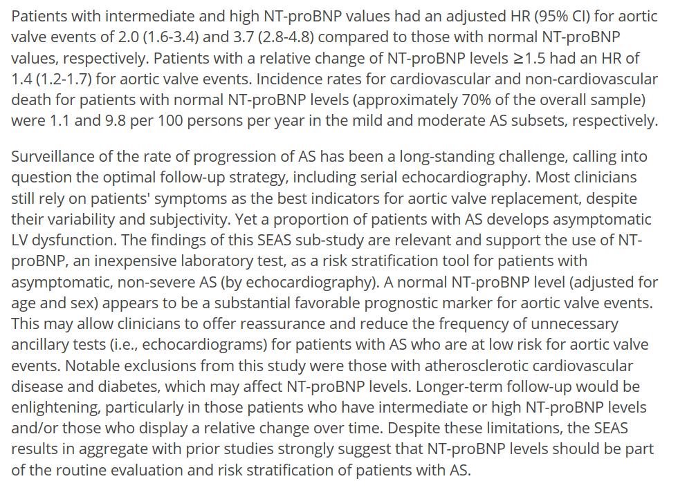 Glad to comment on an important sub-study presented @ #ESC2019 by the SEAS investigators, suggesting a prognostic value of NT-proBNP in those with asymptomatic, non-severe AS. In a "sea" of AS, it can help to stratify ;)  <a href="/DrMauricioCohen/">Mauricio G. Cohen MD</a> #ACCFIT #AHAFIT  acc.org/latest-in-card…