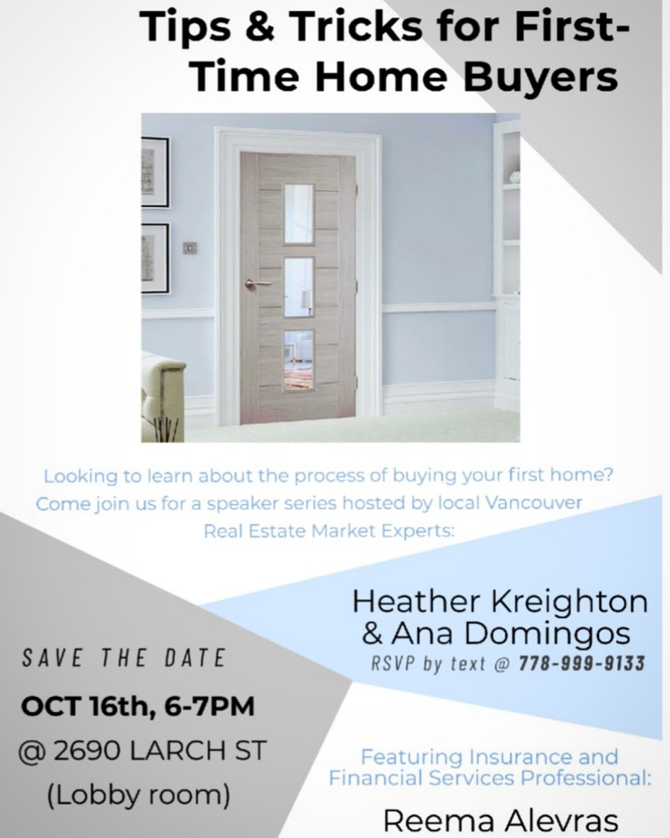 Do you know anyone looking to purchase #property for the first time? Join our <a href="/Ana_Domingos/">Ana Domingos</a> <a href="/RAlevras/">Reema Alevras</a> for a free, educational #seminar on Weds, Oct 16 at Kits Community Center. To RSVP, please text 778-999-9133 - thank you!
.
#Vancouver #RealEstate #Mortgage #Insurance #Finances