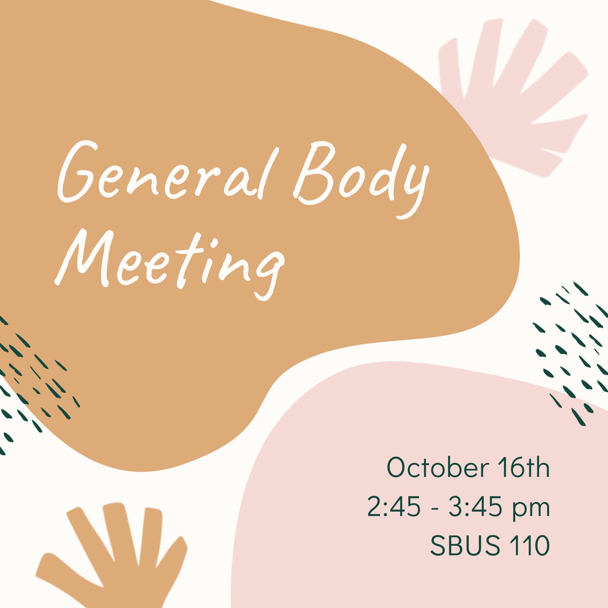 Hello all! Our next general body meeting is next Wednesday from 2:45 - 3:45 pm. This meeting will be an open discussion about upcoming events and ideas for community service opportunities next semester. We hope to see you there!!!