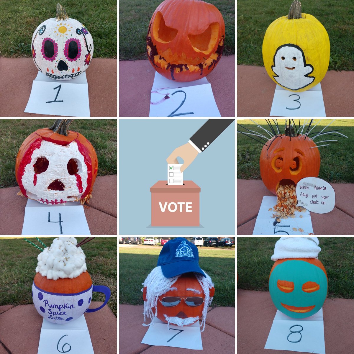 BUPilotsSB's tweet image. Vote for your favorite decorated pumpkin! Titles below. #ironsharpensiron @BethelIndiana