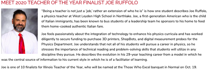 So exciting to read more about Illinois Teacher of the Year Finalist and former <a href="/barrington220/">Barrington 220</a> Board Member Joe Ruffolo today in the <a href="/ISBEnews/">Illinois State Board of Education</a> weekly newsletter! Congrats Joe! <a href="/npolyak/">Nick Polyak</a> <a href="/LeydenPride/">Leyden High Schools</a> #inspire <a href="/illinibri/">Brian Harris</a>