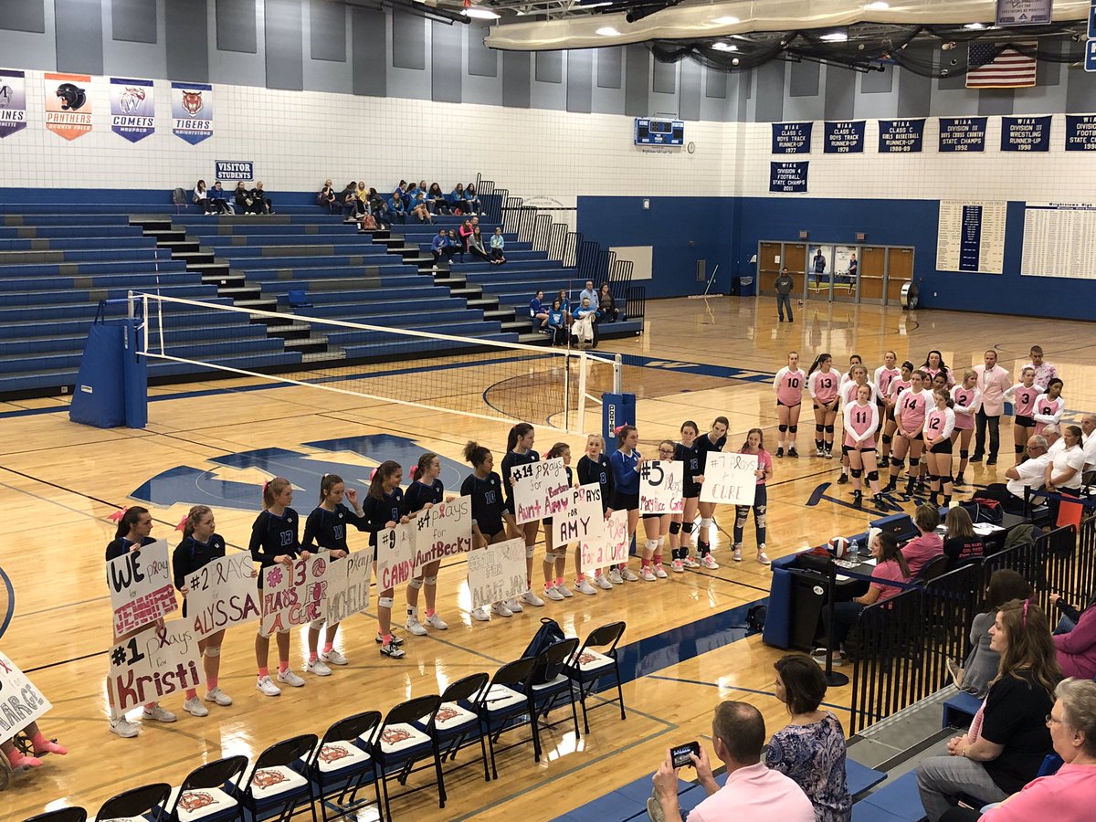 Dig Pink night at <a href="/WrightstownCSD/">Wrightstown Community School District</a>. Each girl playing for a loved one with breast cancer. <a href="/marinetteschool/">Marinette Schools</a> getting in on the support by wearing their pink uniforms.