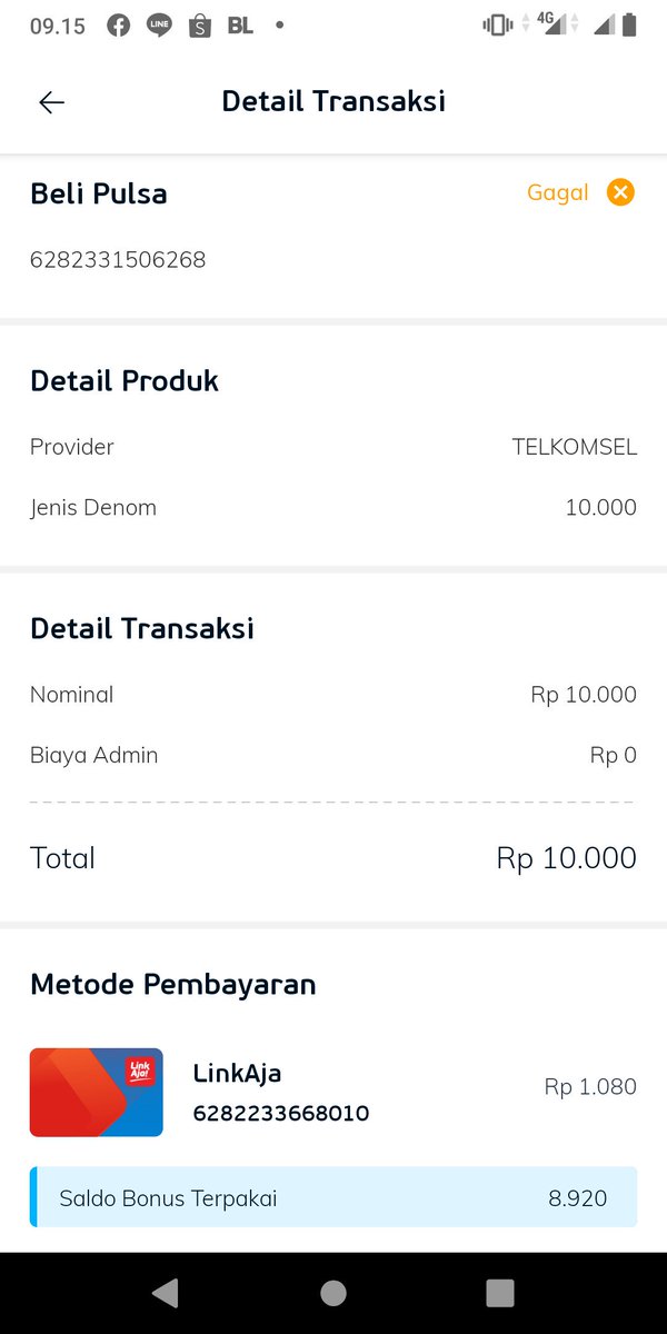 fan_san's tweet photo. Hai @linkaja  saya baru aja melakukan transaksi isi pulsa 10 ribu, laporan gagal tapi saldo utama terpotong 10 ribu dan saldo Bonus sebesar 8ribu sekian hilang. Mohon pencerahannya. Terimakasih https://t.co/XyqRoHhEax