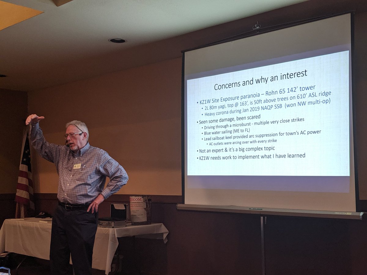 k5em's tweet photo. Grant #K1ZQ talking on something we don't think about a lot in the #PNW: lightning and station grounding tonight at the #wwdxc meeting https://t.co/i04YZddPoI