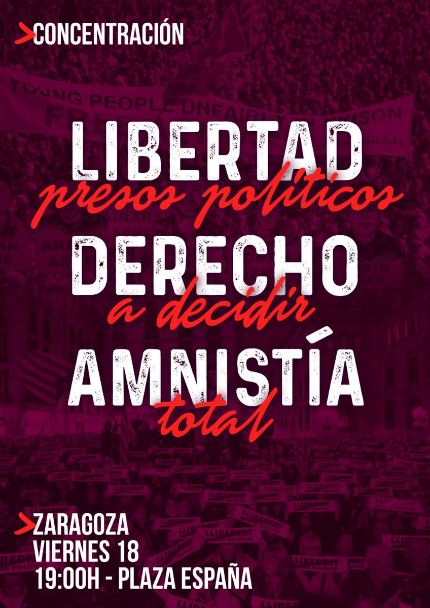 IC_Aragon's tweet photo. ¡Concentración por la libertad de los presos políticos, el derecho a decidir y la Amnistía Total!

⌚ Viernes 18 a las 19:00h
➡️ En plaza España https://t.co/RQMFHGDs7a