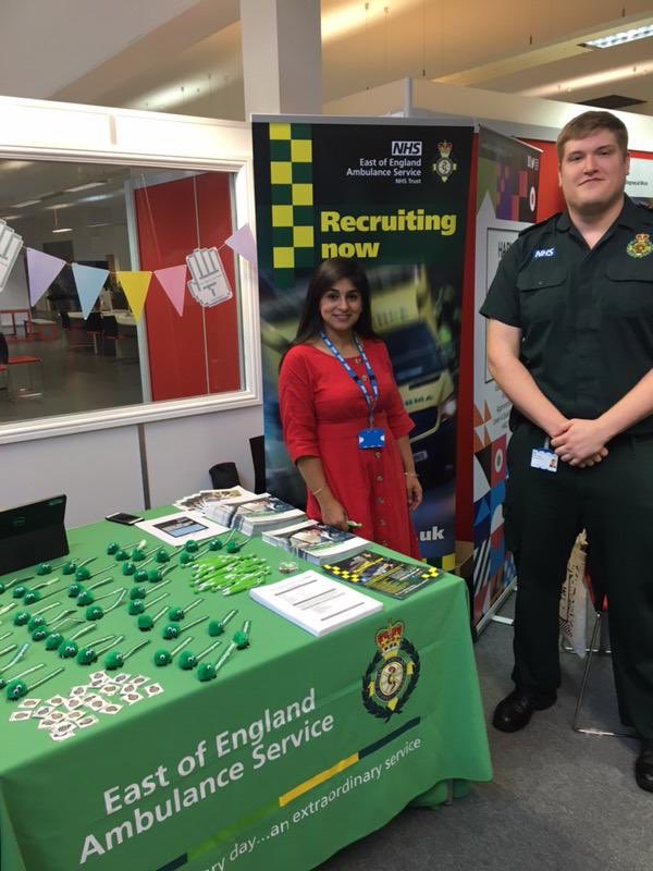 We are at the NHS careers expo at Harlow College today discussing recruitment opportunities @EastEnglandAmb We are here until 16.00 hrs if you want to pop down to see us #weareEEAST #recruitment #beseeningreen