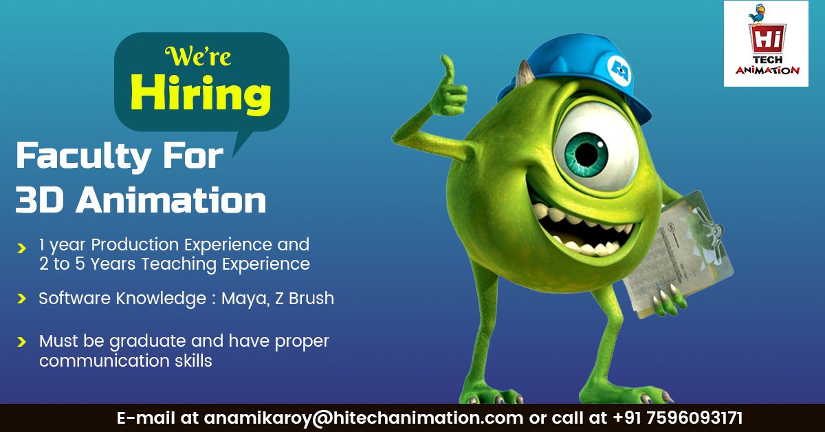 Moople - Institute of Animation and Design в Twitter: „#JobAlerts We are  looking for professionals who are working as a faculty in #3DAnimation.  Send your CV to anamikaroy@ Call: +91 7596093171  #3danimation #