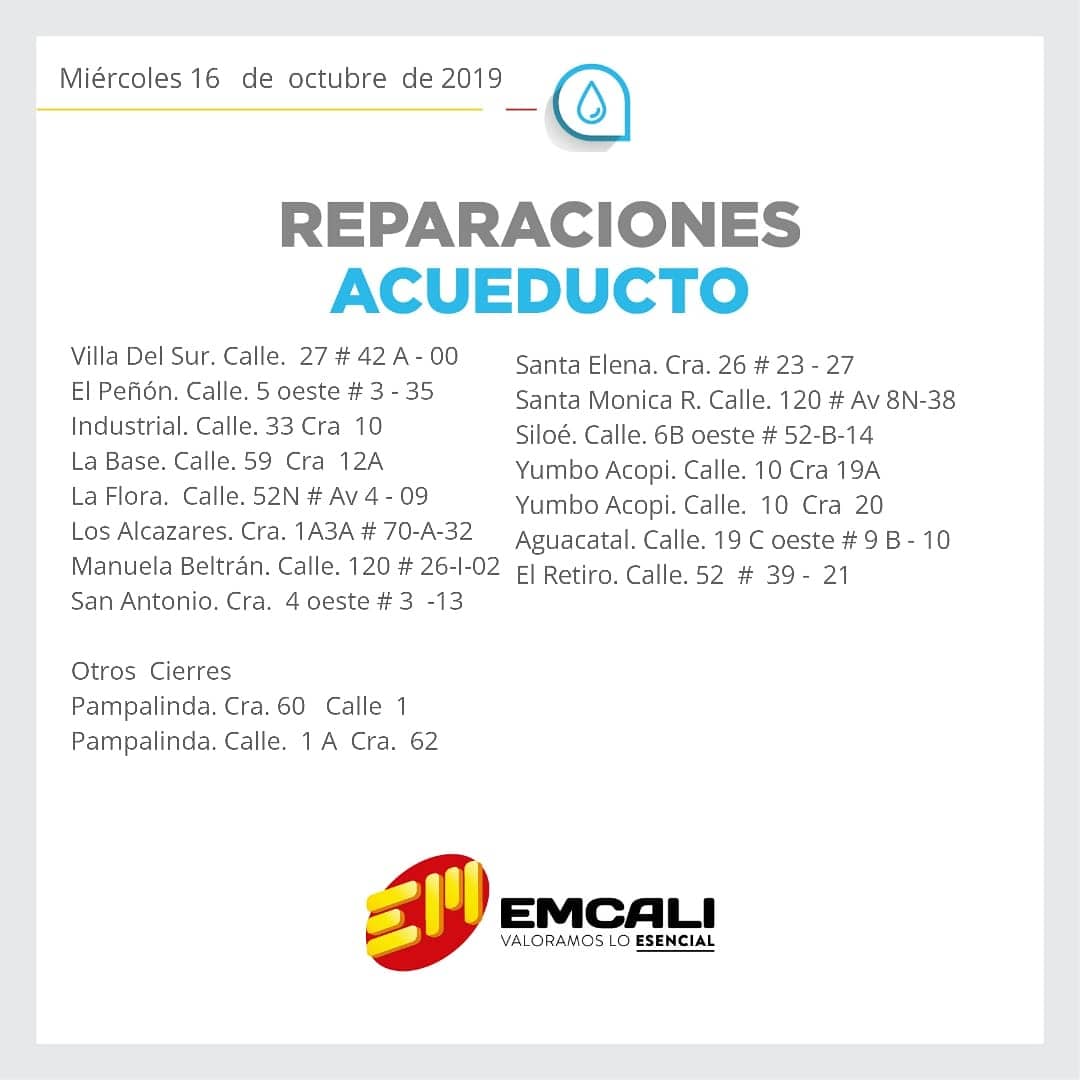calioknoticias's tweet photo. #ReporteEmcali
TRABAJOS EN ACUEDUCTO Y ENERGIA ❗
Tener presente los sectores donde se harán labores de mantenimiento y arreglos. 🆗 @EMCALIoficial https://t.co/s5OExDcDwS