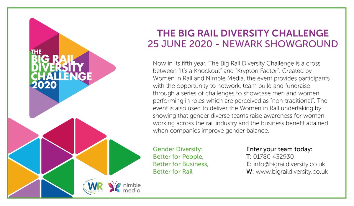 IT’S BACK! – The Big Rail Diversity Challenge, now in its fifth year, is taking place on Thursday 25th June 2020 at Newark Showground.

Secure your team today!

#BigRail2020 #womeninrail #GenderDiversity #BetterforPeople #BetterforBusiness #BetterforRail