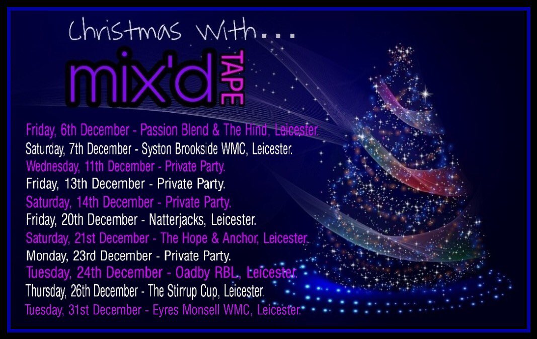 Mix_dTape's tweet photo. #December #MixdTape #Xmas2019 #nye2019 #leicester #family #party #band https://t.co/P3AAJoiefZ @DiscoverLeices @ARTSIN @TeamLeicester @WhatsOnLeics @LeicsForBiz @coolasleicester https://t.co/kttIOePBmp
