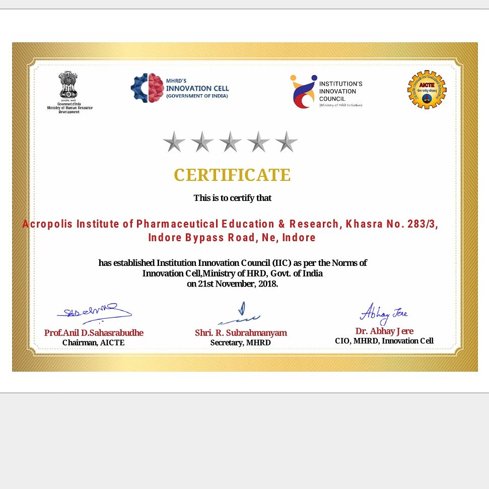 AcropolisAIPER's tweet photo. Privilege to announce that *MHRD-AICTE* has recognised *Acropolis Institute of Pharmaceutical Education and Research, Indore* as one of its IIC Under MHRD Innovation Council as Per Nov.2018 Regulations) . #MHRD #InnovationCell #Aiper #Acropolis #Pharmacy #Indore #IIC https://t.co/R3NZGUGlzm