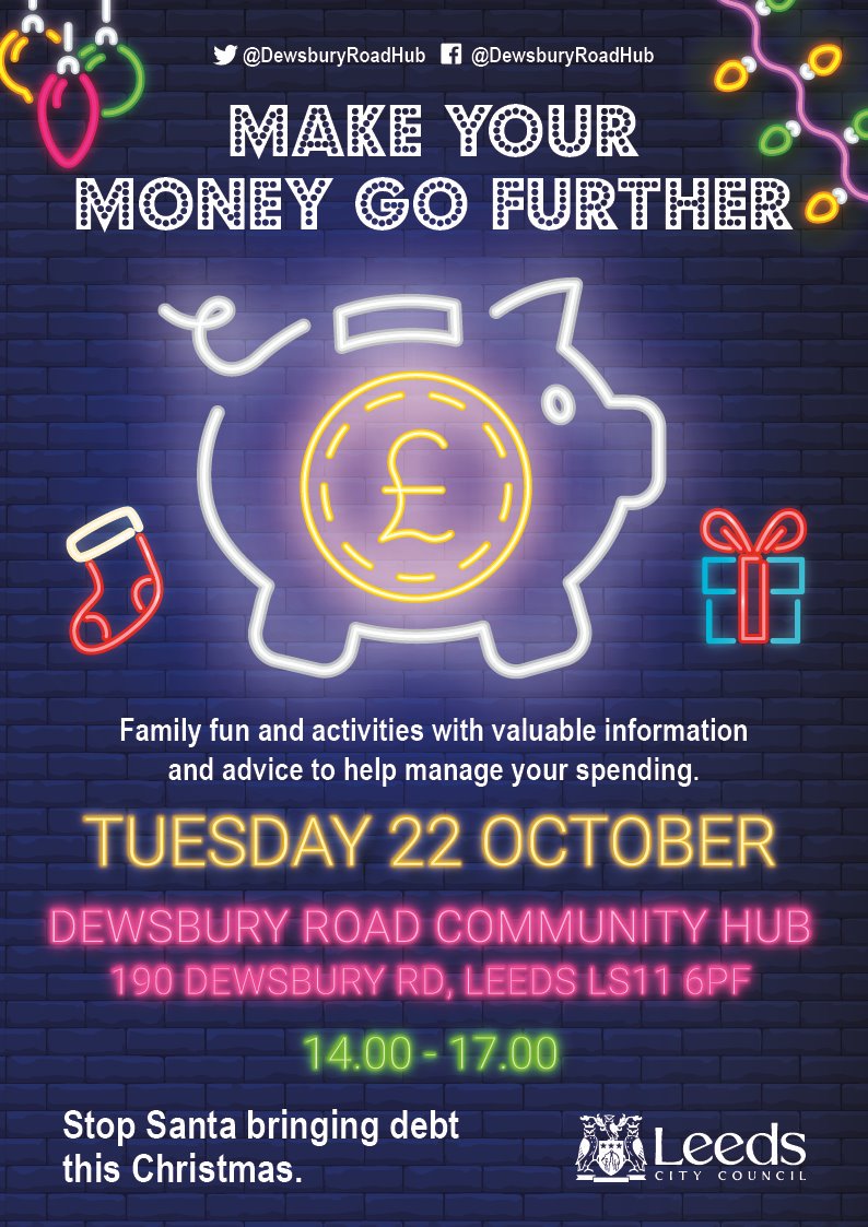 Worried about money over Xmas? Need help & advice? Come down to @DewsburyRoadHub on 22nd October 2pm till 5pm for our free 'Xmas Spending Event'. Great activities for you & the kids - face painting, meet Santa & Sid the Shark and have a go at our taste test! #debtfreechristmas