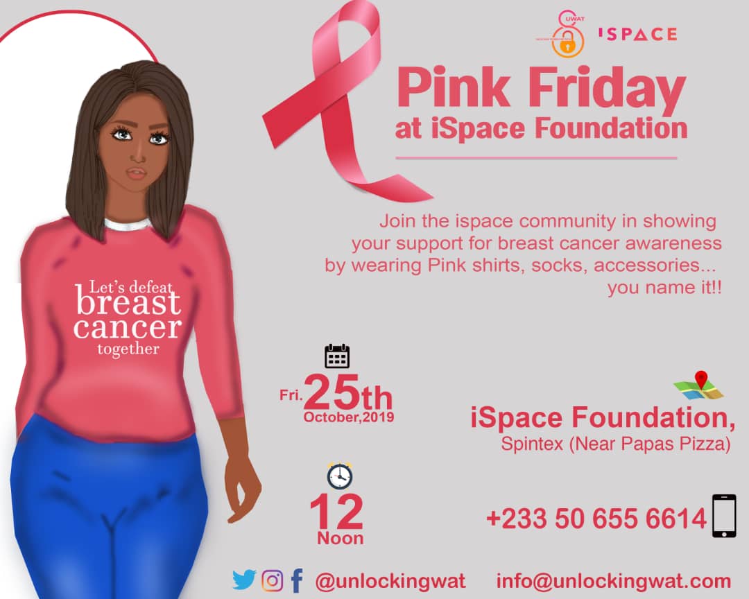 iSpaceGh's tweet photo. Join the @iSpaceGh Community as a #Survivor shares her experience.

Dress code: pink shirts, socks, accessories, you name it!

📍 iSpace Foundation (Spintex, Near Papaz Pizza)
📆25th October, 2019
⏰12 Noon (12:00 GMT)

#BreastCancerAwarenessMonth #cancersurvivor #SurvivorStories https://t.co/fWsmgkZGw8