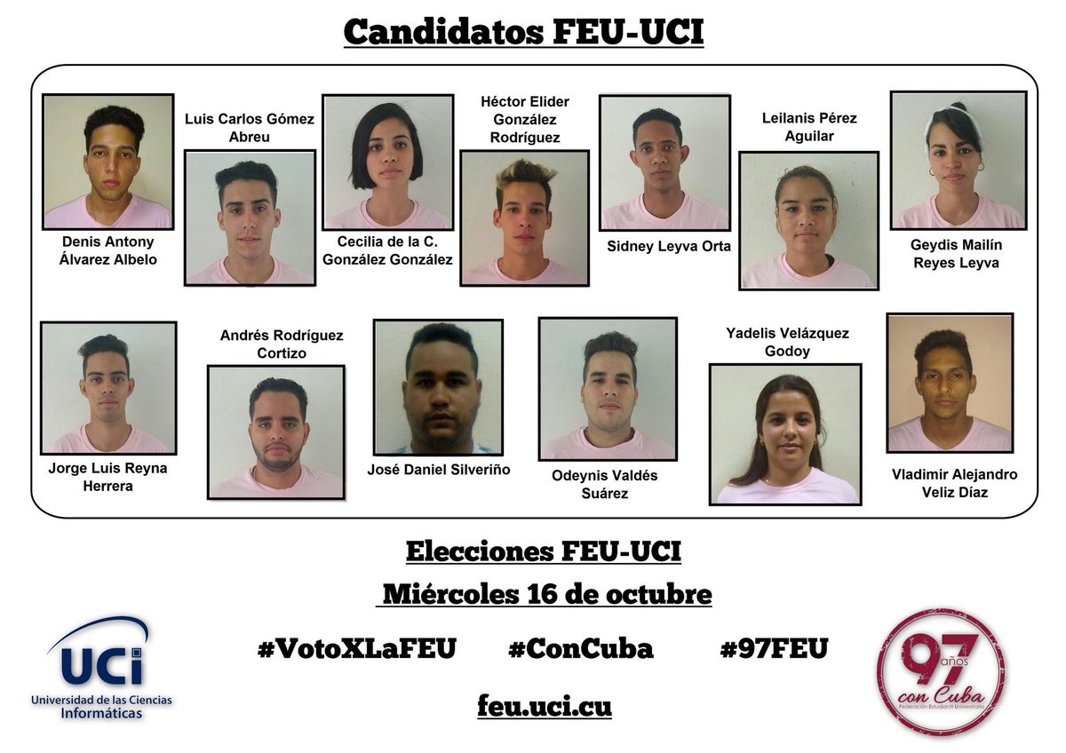 alicia_senra's tweet photo. Iniciamos el día en la @universidad_uci con mucha alegría y entusiasmo, estaremos desarrollando las elecciones de la @FeuCuba ratificando q "La Revolución tiene en la #FEU a su más fiel ejército"#SomosFEU
#97FEU @DrRobertoMOjeda @WalterBG_uci @marthadelcmv @UJCuba @jafcfernandez https://t.co/uPRpAgSEtC