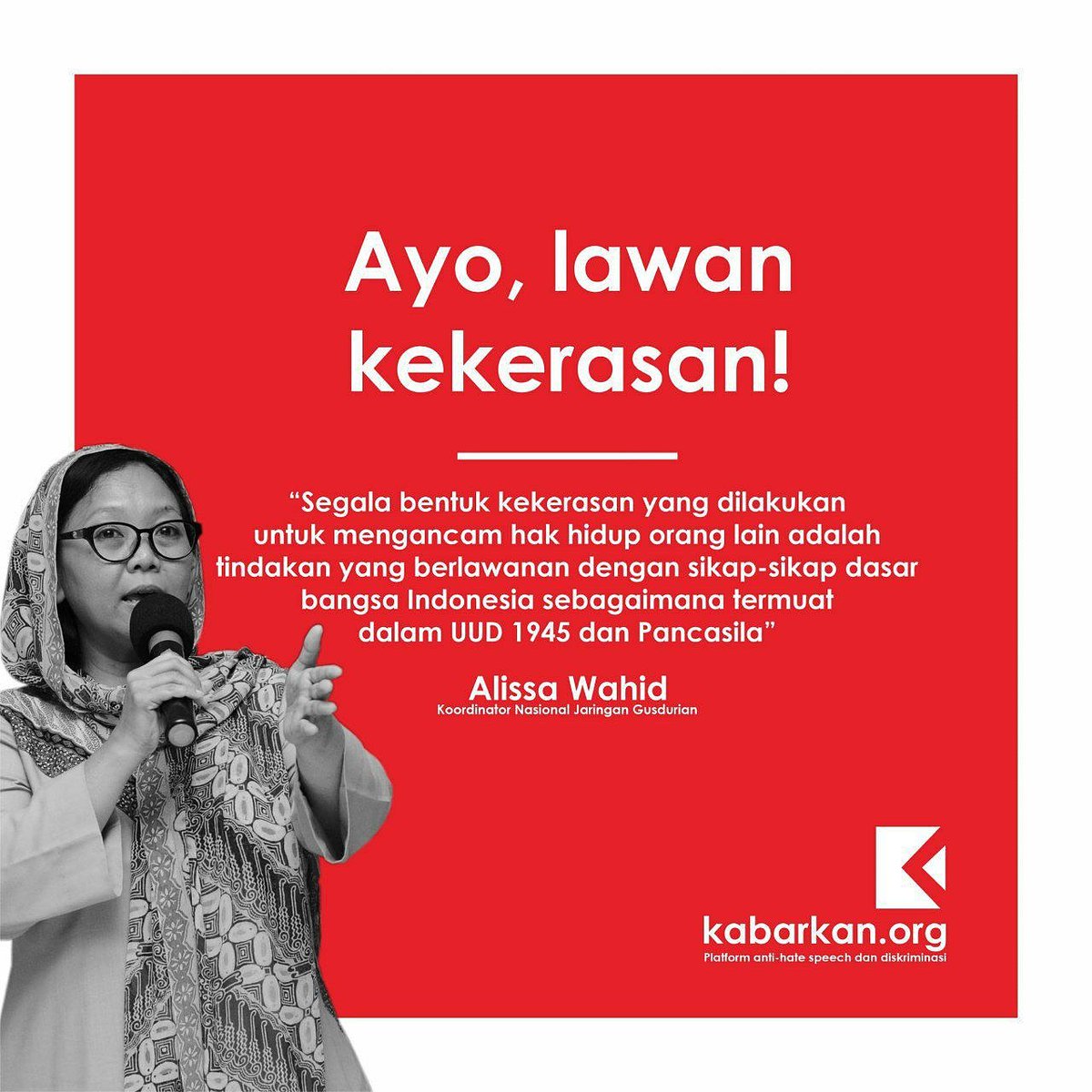 kabarkan_org's tweet photo. Kali ini ada pesan dari Mbak Alissa nih.

Jika kamu menemukan ujaran kebencian dan diskriminasi, baik online atau offline, ayo kabari kami lewat https://t.co/IC7BuIk8lg. Jangan lupa disertai bukti ya.

#Kabarkan_org
#IndonesiaRumahBersama 
#JanganAdaBenciDiAntaraKita https://t.co/Rr3MLWPJ1F