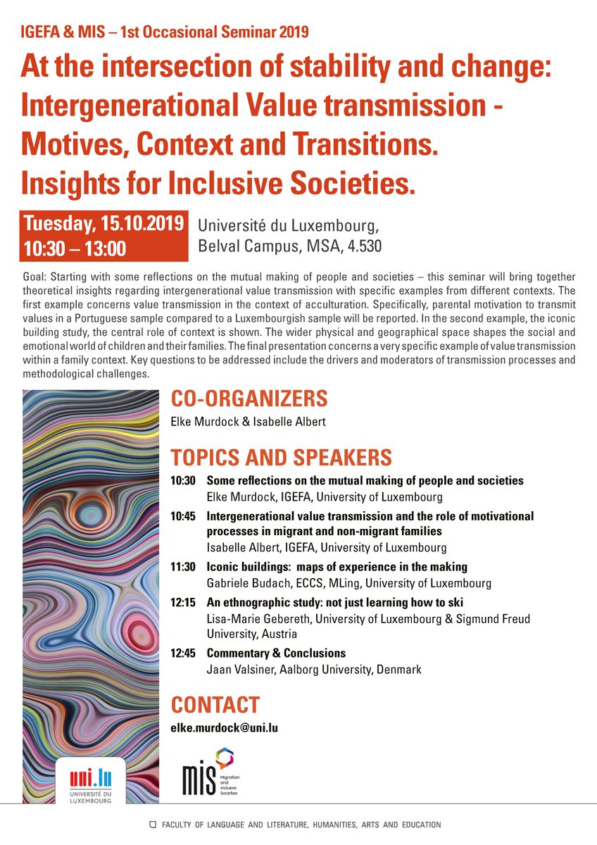 Impressions from the 1st Occasional Seminar 2019 - At the intersection of stability and change: Intergenerational Value transmission - Motives, Context and Transitions. Insights for Inclusive Societies, Tuesday, 15.10.2019, 10:30 – 13:00 <a href="/uni_lu/">uni.lu</a>
