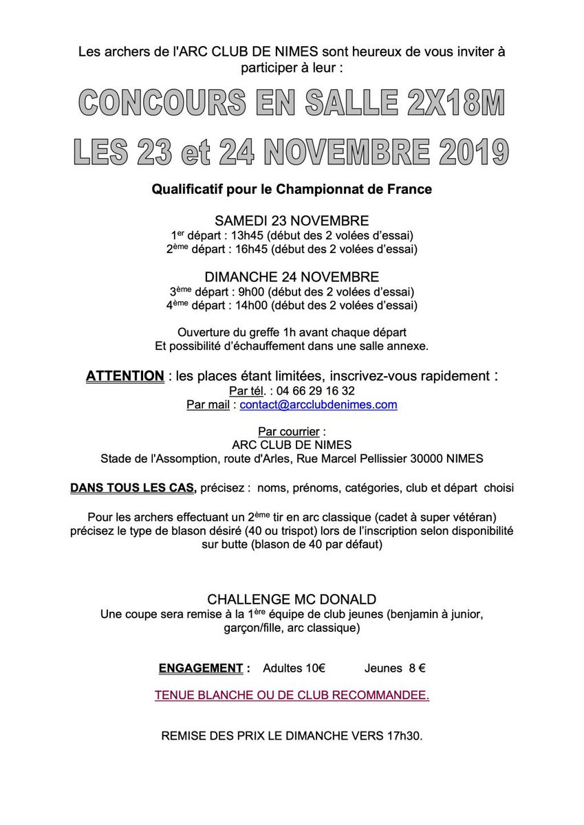 Concours en salle – 23 et 24 novembre 2019 arcclubdenimes.com/concours-en-sa…