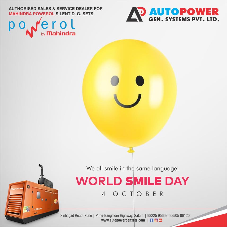 AutoPoweGensets's tweet photo. We all smile in the same language.
World Smile Day
4 october

AutoPower Gen Systems Pvt. Ltd.
Sinhagad Road, Pune | Pune-Bangalore Highway, Satara
98225 95662, 98505 86120 | https://t.co/C43tJgFNHV https://t.co/vH2cHatEiw