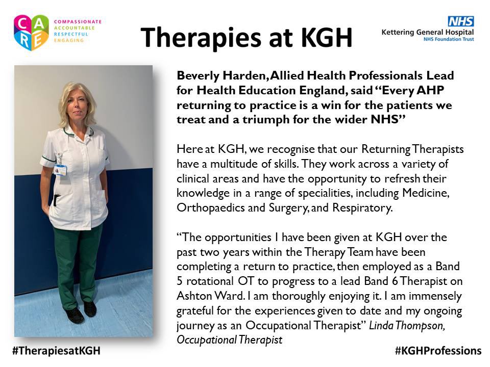 TherapiesKGH's tweet photo. Here’s Linda’s #RTP story of her journey back to being a qualified #occupationaltherapist such a great addition to the team and now established senior member @KettGeneral @theRCOT #KGHProfessions #TherapiesatKGH https://t.co/c1wcf0uV1o