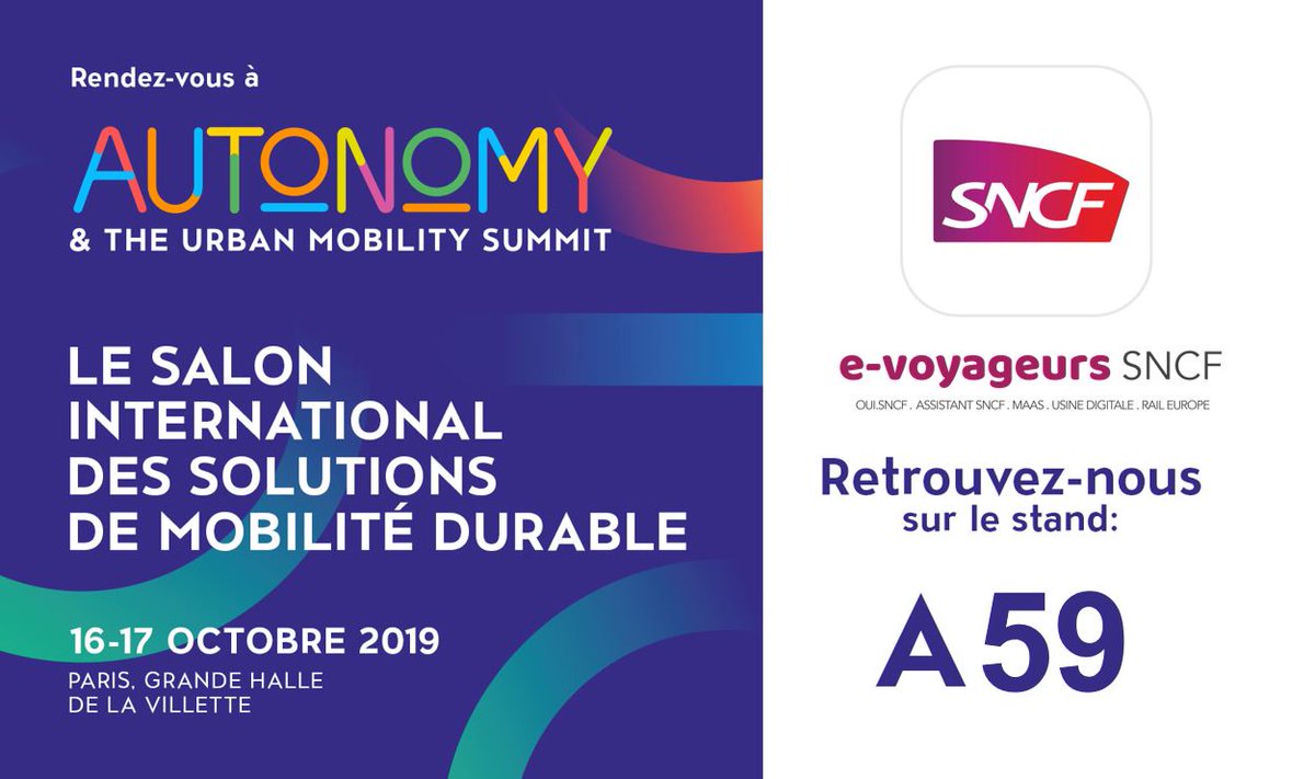 [#AUTONOMY2019  📣]

Nos équipes sont présentes au salon <a href="/AUTONOMY/">AUTONOMY</a> pour vous faire (re)découvrir nos dernières innovations #AssistantSNCF #MaaS #Mobilités #IA #Startups et répondre à toutes vos questions.

📍 Stand @evoyageursSNCF n° A59