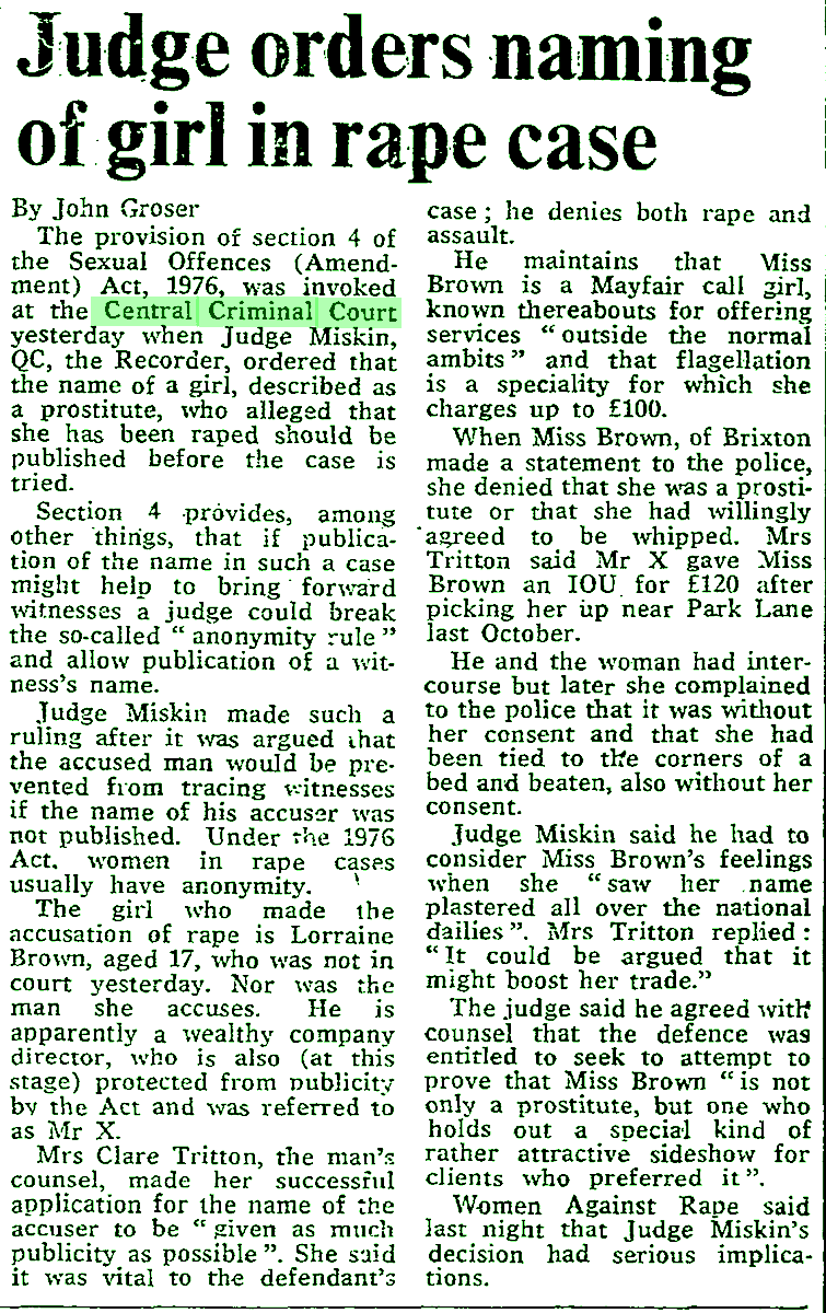 Rape victim named and 'shamed' in press whilst anonymity of accused protected by judge pre-trial. Defence lawyer jokes it might 'boost her trade'. #ESRCvictims #TheTimes #1970s