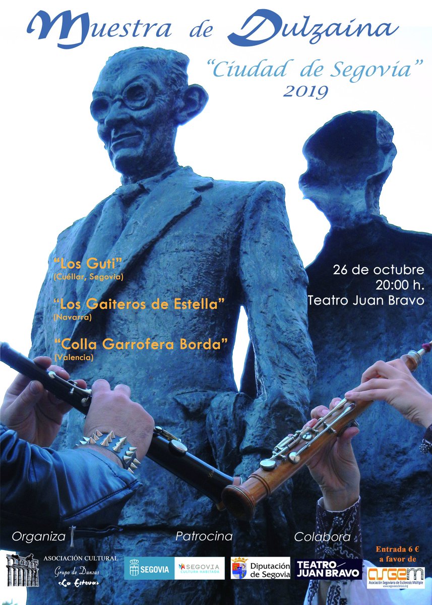 La IV #MuestraDeDulzainaSegovia traerá exponentes de la dulzaina castellana, la gaita navarra y la dulçaina valenciana.
Con formas tradicionales y modernas de entender el instrumento.
Entradas, en la taquilla del <a href="/TJUANBRAVO1/">TEATRO JUAN BRAVO</a>. Una actividad de <a href="/LaEsteva/">La Esteva</a> que apoya <a href="/segovia_es/">Ayuntamiento de Segovia</a>