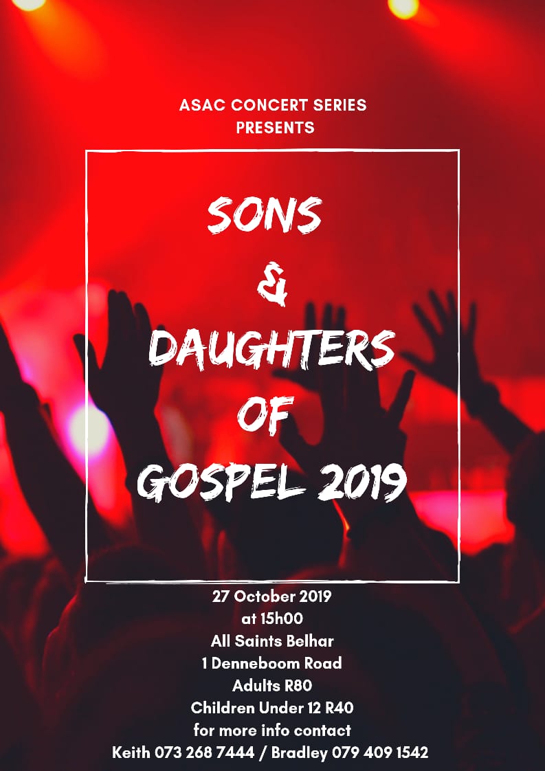 UWCMediaSociety's tweet image. Dear friends,
The All Saints Concert Series presents an exciting Gospel Concert on Sunday 27 October at 3pm at All Saints Anglican Church, 1 Denneboom Street, Belhar. Tickets are available at R80 each. Children, under 12 years old pay R40.