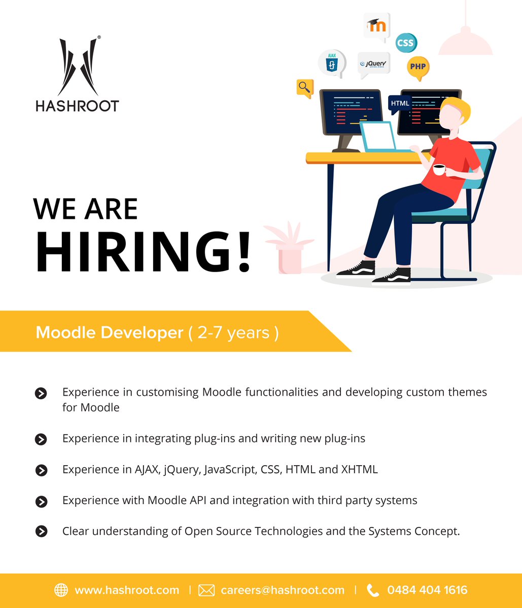 hashroot's tweet image. We are #hiring Moodle Developer with 2 to 7 years of experience.

Interested candidates can send their updated resume to careers@hashroot.com

#MoodleDeveloper #job_opportunities #ajax #jquery #javascript #CSS #HTML #XHTML