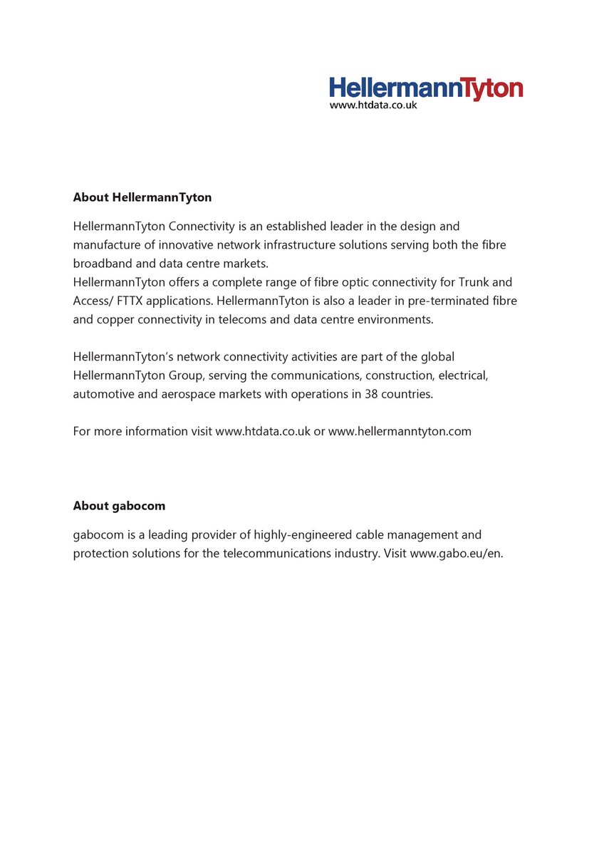 <a href="/HT_Connectivity/">HellermannTyton Connectivity</a> has acquired leading German micro duct manufacturer gabocom.
With many synergies between the HellermannTyton and gabocom product portfolio's, this company purchase presents exciting new market opportunities and a real vision for future growth.
#madetoconnect