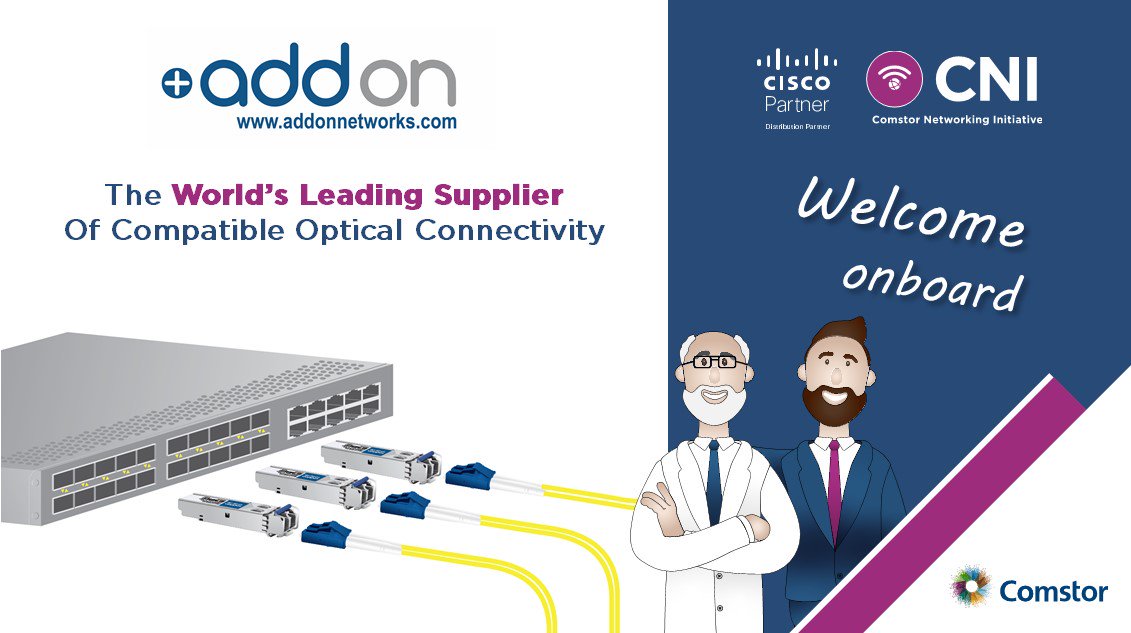 AssessMy's tweet photo. We are happy to introduce our new vendor: AddOn Networks, The World's Leading Supplier Of Compatible Optical Connectivity. Grow your business with Comstor and AddOn. Find out more here: https://t.co/UYM5zVtMqa #Comstor #AddOn #TopQuality #opticalconnectivity https://t.co/YtdkiQaNfL