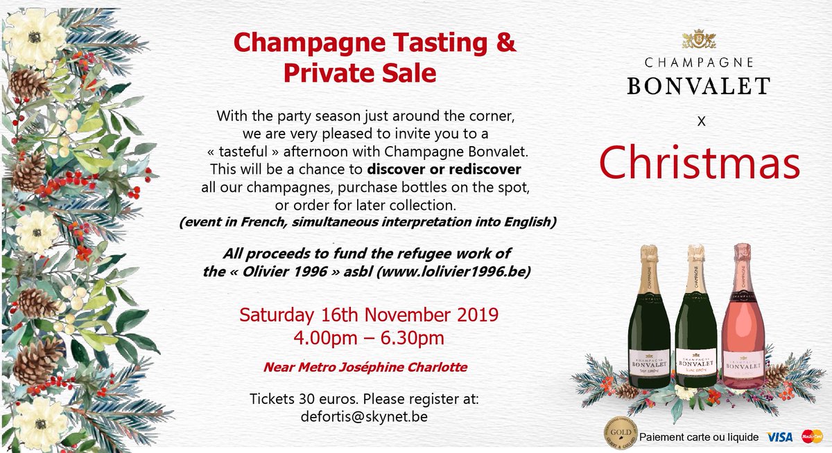 Will you be in Brussels Saturday 16 November?
Do you need champagne for the holidays?
Would you like to come to a tasting, where you may buy or order what you try?
And the big plus - it's in aid of the Olivier 1996 Refugee Center! (lolivier1996.be)