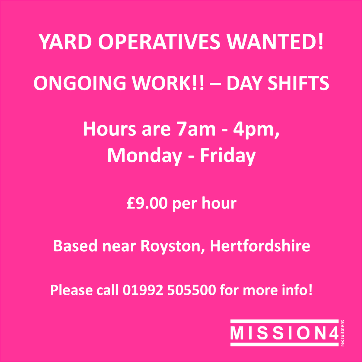 📣 YARD OPERATIVES WANTED! 📣

▪️ Immediate start
▪️ £9.00 per hour
▪️ Day shifts - 7am - 4pm
▪️ Monday - Friday
▪️ Ongoing work
▪️ Based in Thriplow, near Royston, Hertfordshire
▪️ Own transport is preferred

Please call 01992 505500 for more info! 📞

#yardoperative #royston