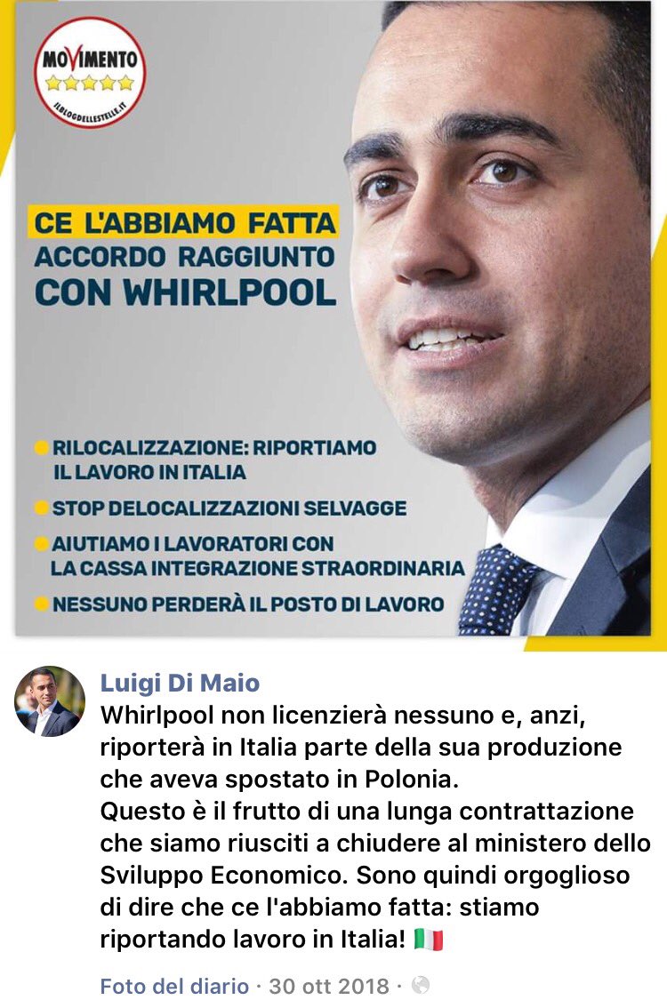 MarcoRizzoDSP's tweet photo. E' bastato un anno esatto per SBUGIARDARE #DiMaio, ministro dell'incompetenza. «Cessazione dell'attività produttiva, decorrenza 1 novembre 2019» scrive  #Whirlpool Tra 15 giorni i 420 operai di Napoli saranno senza lavoro. Appoggeremo tutte le lotte di questi lavoratori. https://t.co/6XQEim7jqD
