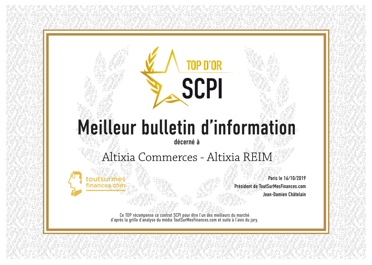 TopTSMF's tweet photo. Le gagnant du TOP SCPI 2019 d'OR dans la catégorie "Meilleur bulletin d'information" est : Altixia Commerces (Altixia REIM) #TopSCPI2019 #SCPI #immobilier https://t.co/ZI1Wj4bk0C