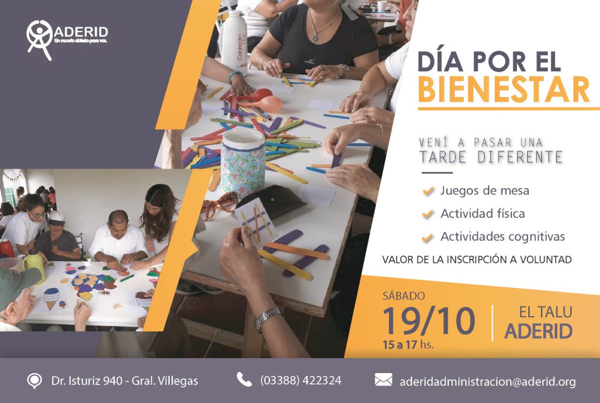 ADERID1's tweet photo. Vamos a pasar un ¡DÍA por el BIENESTAR! Mente y cuerpo puestos a trabajar y disfrutar . 
El 19 de octubre 
de 15 a 17 hs 
en El Talu. 
¡Los esperamos!
#Bienestar #BuenMiercoles #aderid 
#FelizMiercoles #teesperamos #veniveni #ajugar https://t.co/uig9FhXpr8