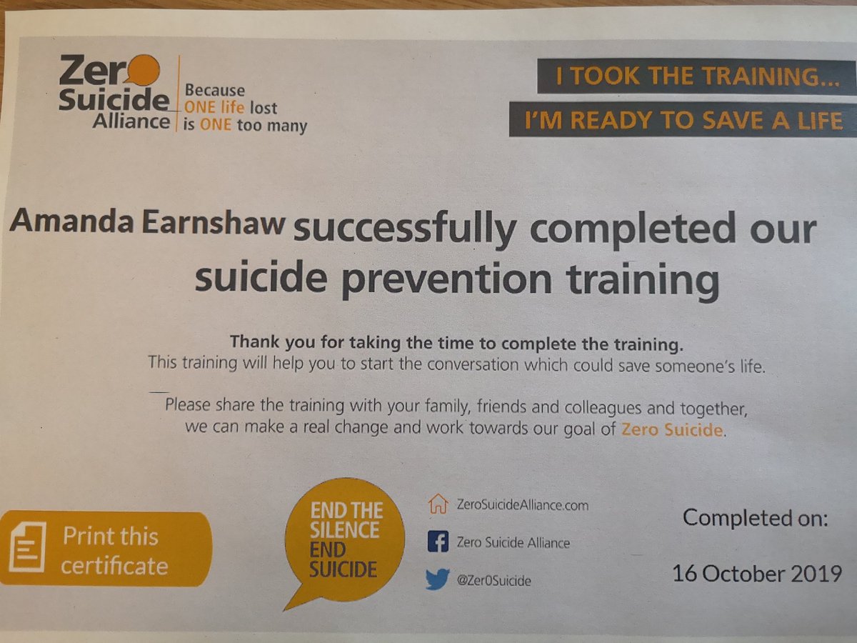I just completed Suicide Awareness training and I'm ready to have a potentially life - saving conversation! You can too. #seesaysignpost #SuicidePrevention @Zer0Suicide @lunabing @SalmaYasmeen_1 @barnsleybart @skyewesty