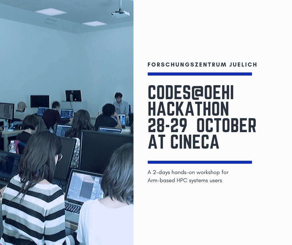 Cineca1969's tweet photo. CODES@OEHI Hackathon 2019
28-29 October at Cineca
A 2-day hands-on workshop for Arm-based #HPC systems users to port their applications to such systems or to further optimise already ported applications. 
https://t.co/gDXQSMOIzd
#code #hackathon https://t.co/m2bGUq3Skw
