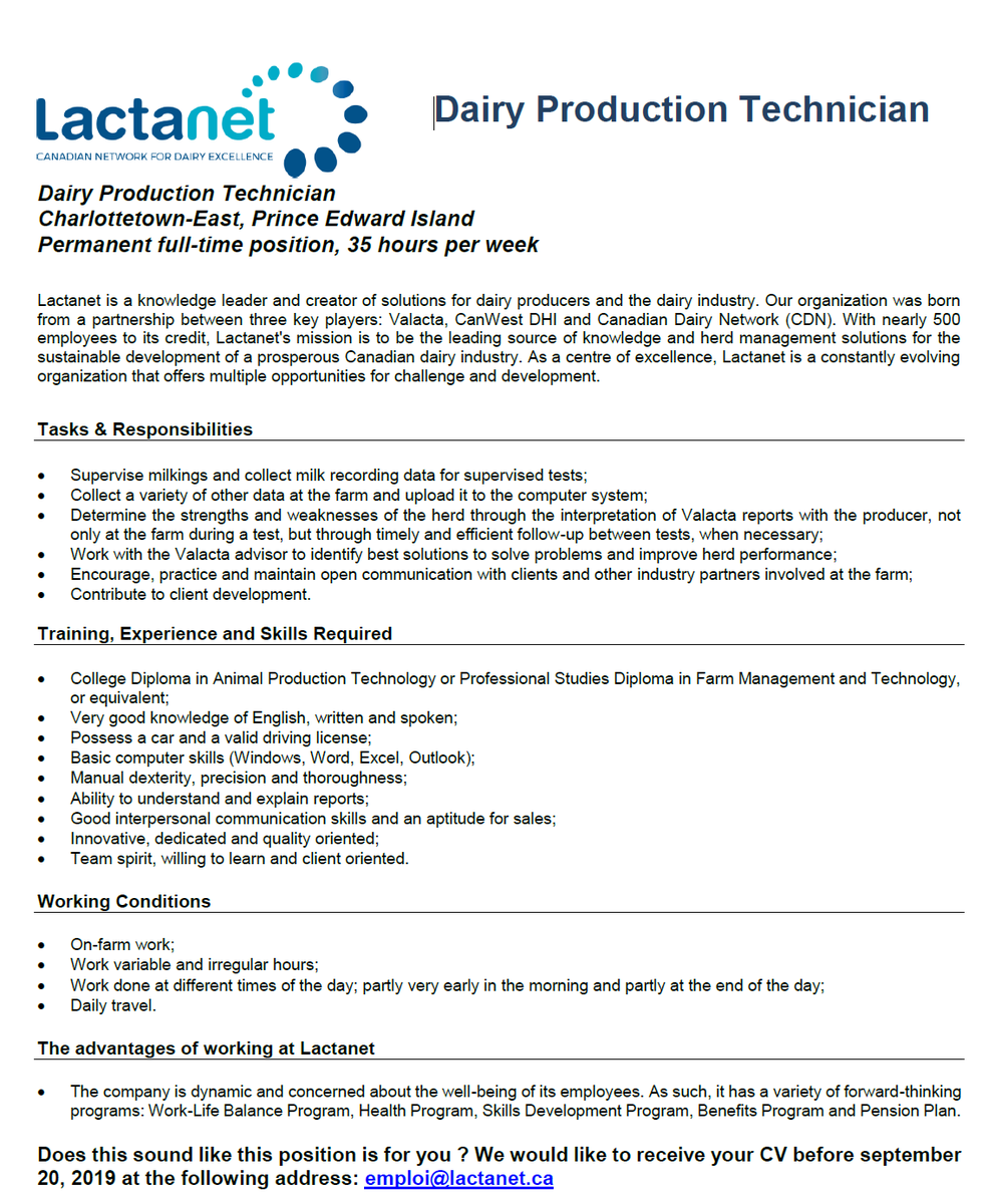 JeffTGunn's tweet photo. Job Opportunity still open! FT, Perm. Dairy Production Tech with @Lactanet_Canada in Charlottetown-Eastern PEI. Passion for cows, new technology, data, &amp; helping dairy farmers? Want 2 B part of a dynamic team? Contact Jeff Gunn @ jgunn@lactanet.ca or (902) 759-4866 4 more info. https://t.co/hR8WVxLvMk
