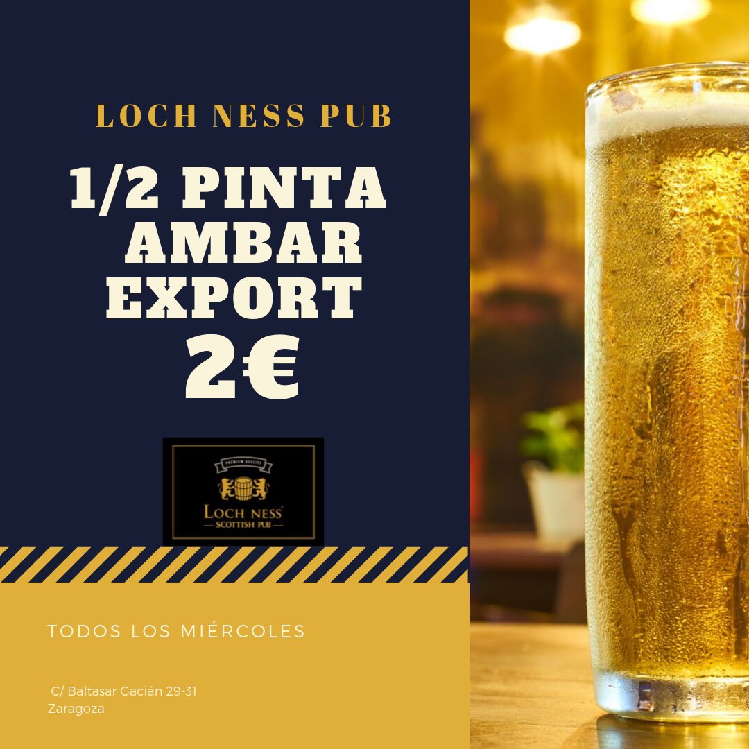 #ViveLochNess Todos los miércoles 1/2 pinta Ámbar Export 2€.
Calle Baltasar Gracián 29-31, zona universitaria Zaragoza. Parada tranvía Plaza San Francisco
#lochness #lochnesspub #lochnesszaragoza #pub #cerveza #beer #scotishpub #travelmore #travel #lagerbeer #blackbeer #cider