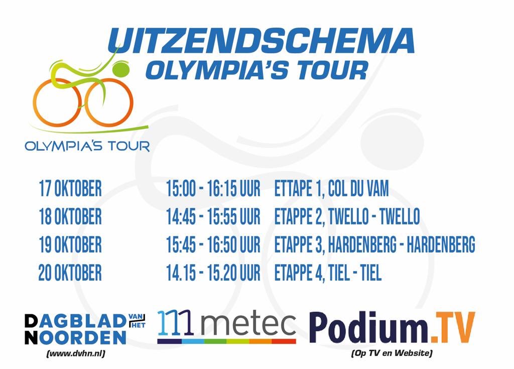 Alle etappes worden het laatste koersuur live uitgezonden! Te zien op tv en internet bij ⁦@PodiumTVnl⁩ en online op de website van ⁦<a href="/dvhn_nl/">Dagblad van het Noorden</a>⁩ Hierbij het uitzendschema. #ot19