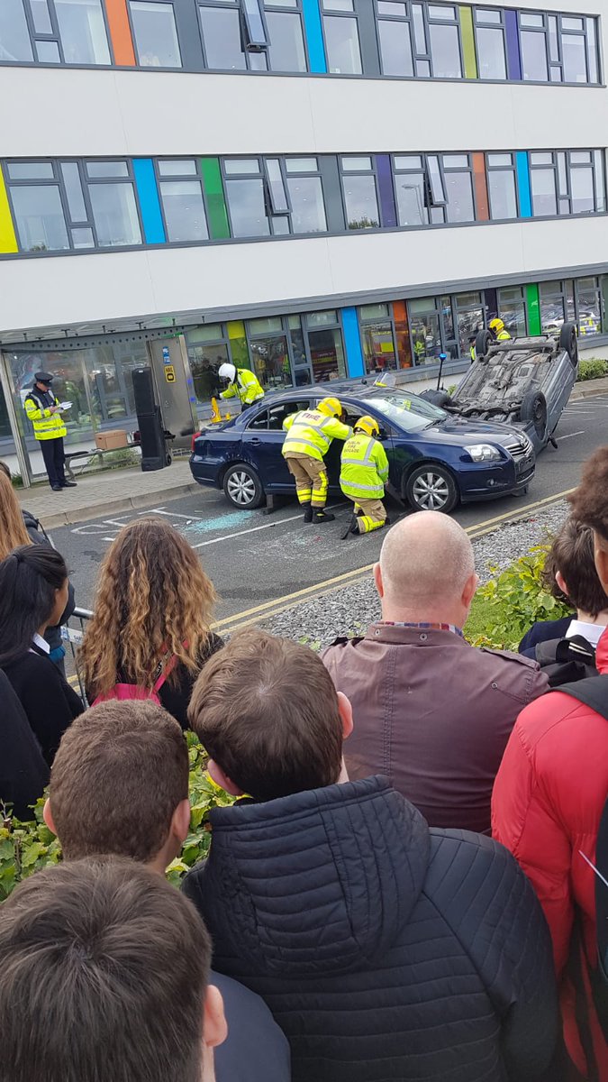 Garda Road Safety Seminar at TU Blanchardstown. 700 local TY students received a Road Safety Presentation highlighting important Road Safety issues. Afterwards there was an emergency services display of a staged serious road traffic collision. #ArriveAlive #SlowDown