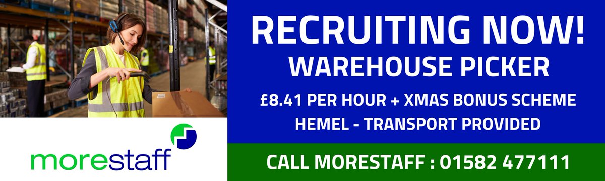 Warehouse Pickers Required Immediately
£8.41 Per Hour + Christmas Bonus Scheme

Morestaff are currently recruiting Warehouse Pickers to join a large industrial team based in #HemelHempstead.

Apply today - bit.ly/2BgmIwR

For more information please call 01582 477111.