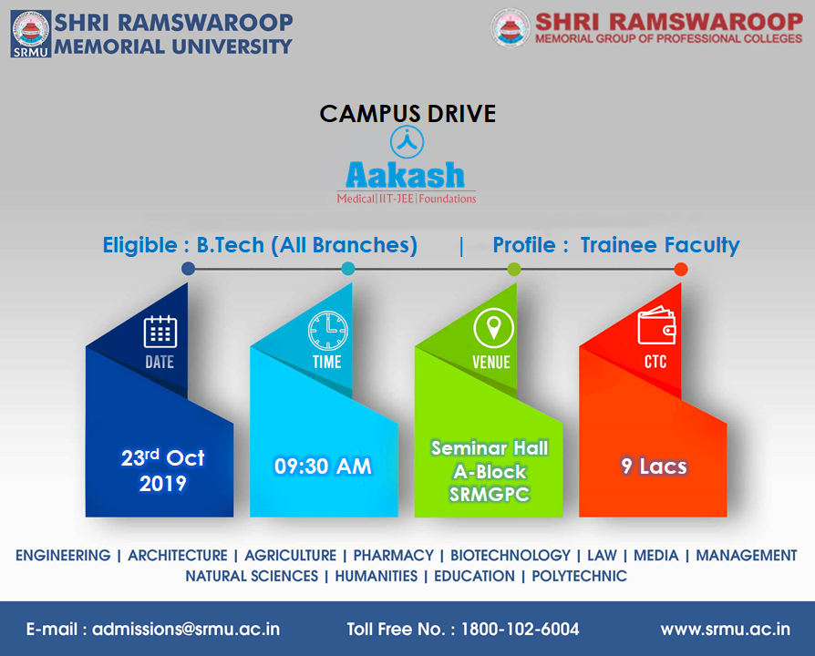 SrmgpcL's tweet photo. Recruitment Drive by Akash Institute
Eligibity : https://t.co/LIwUxMrecb (All Branches)
Place : Seminar Hall, A-Block, SRMGPC
Date &amp; Time : 23rd Oct 2019, 9:30AM
.
#srmu #srmcem #srmgpc #campusdrive #recruitmentdirve #akashinstitute https://t.co/Y6strFtfiG