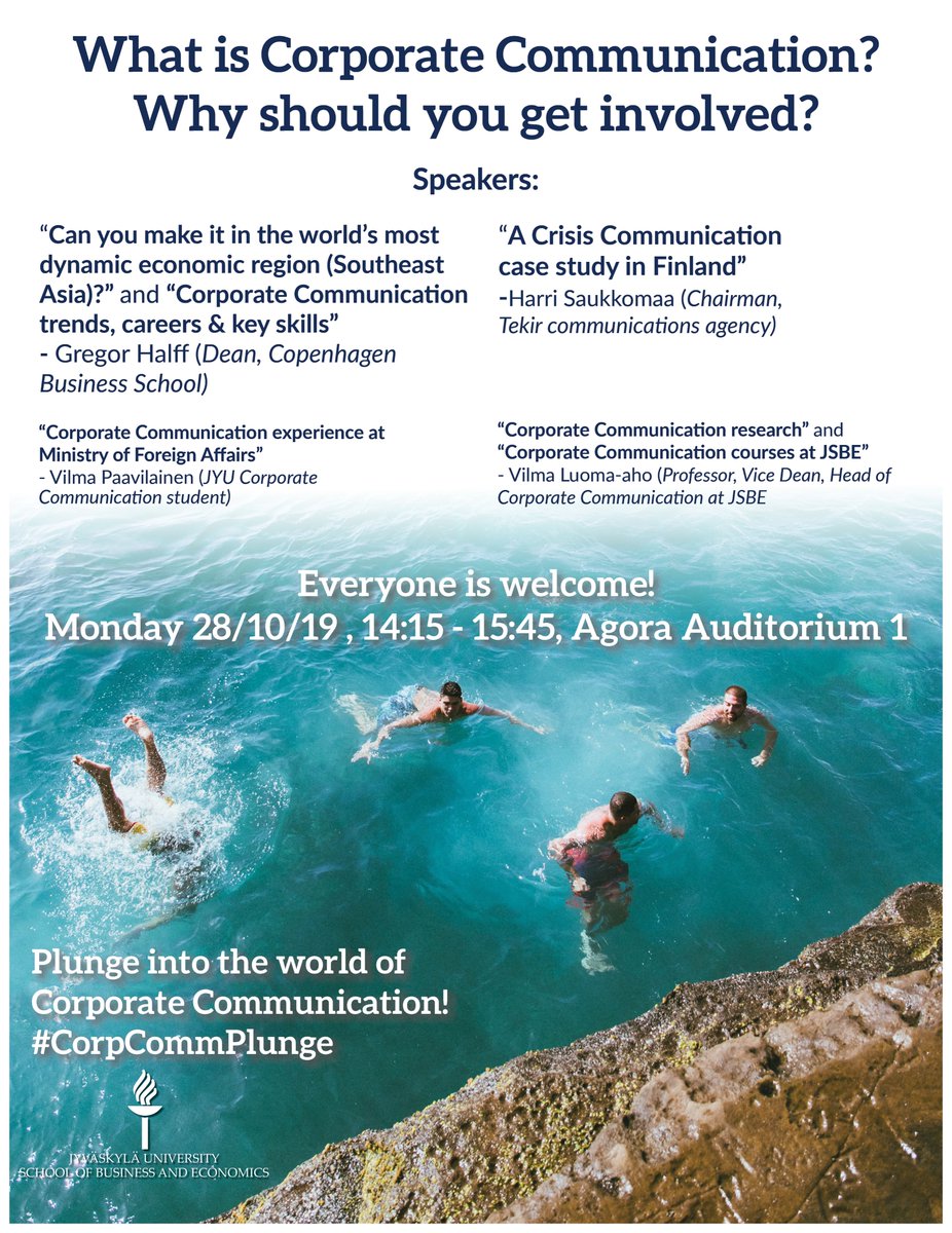 badhammark's tweet image. Curious about the world of Corporate Communication? Take the plunge at this event at #JSBE #JYU #CorpCommPlunge @vilmaluo @Ciaret25 @LauraAsunta @HarriSaukkomaa @hreinikainen @kaisakristiinas