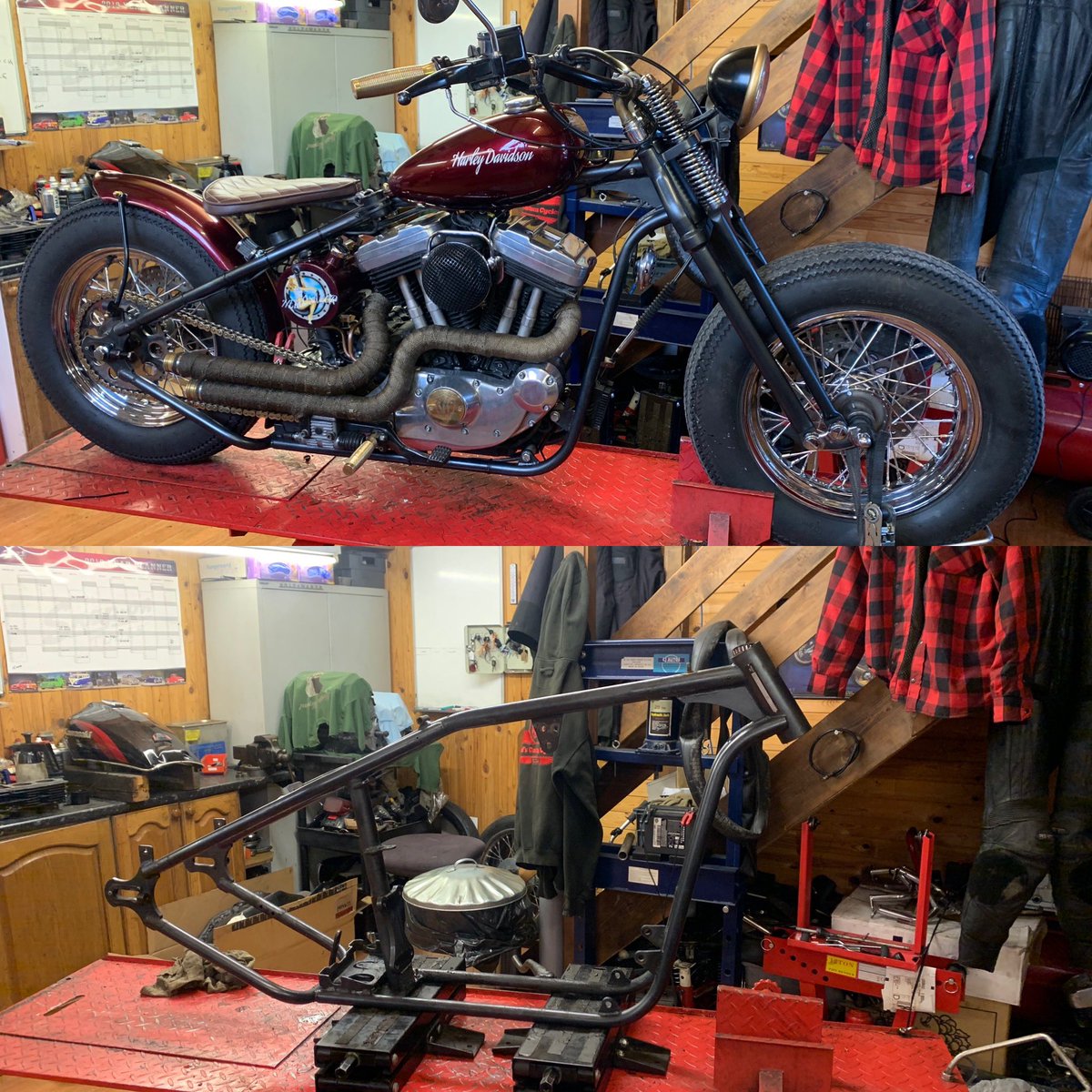 BodsCustom's tweet image. Whole bike stripped to frame in 2 1/2 hours. #harleydavidson #sportster #evo #harleyrepair