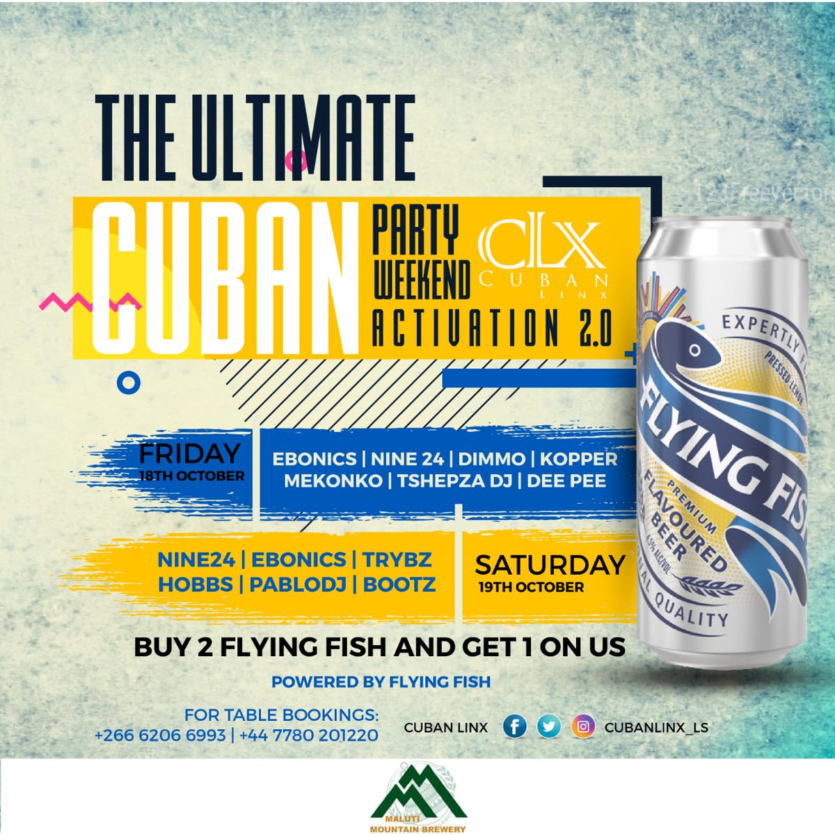 swat_int's tweet photo. A lil bit o fun before the main event? Gotchuu๐๐ป๐๐ปcome & have fun with us this weekend @Cubanlinx_ls.Do not miss out on the Flying fish promo,buy 2 get 1 on us๐ป
#TheUltimateCubanParty
#WeekendActivation 2.0 @swat_int https://t.co/eOcMApq1HQ