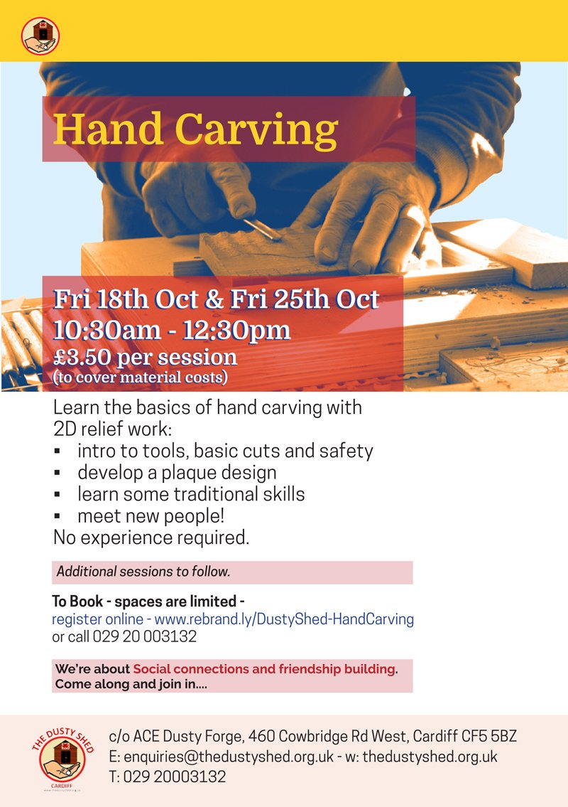 DustyShed's tweet photo. Just a quick reminder:
Hand Carving Taster Sessions start Fri 18th Oct and continue Fri 25th Oct. You can sign up - https://t.co/mbk82u9YgV or call 029 20003132.
See you there!! https://t.co/s6K7BM3aj0