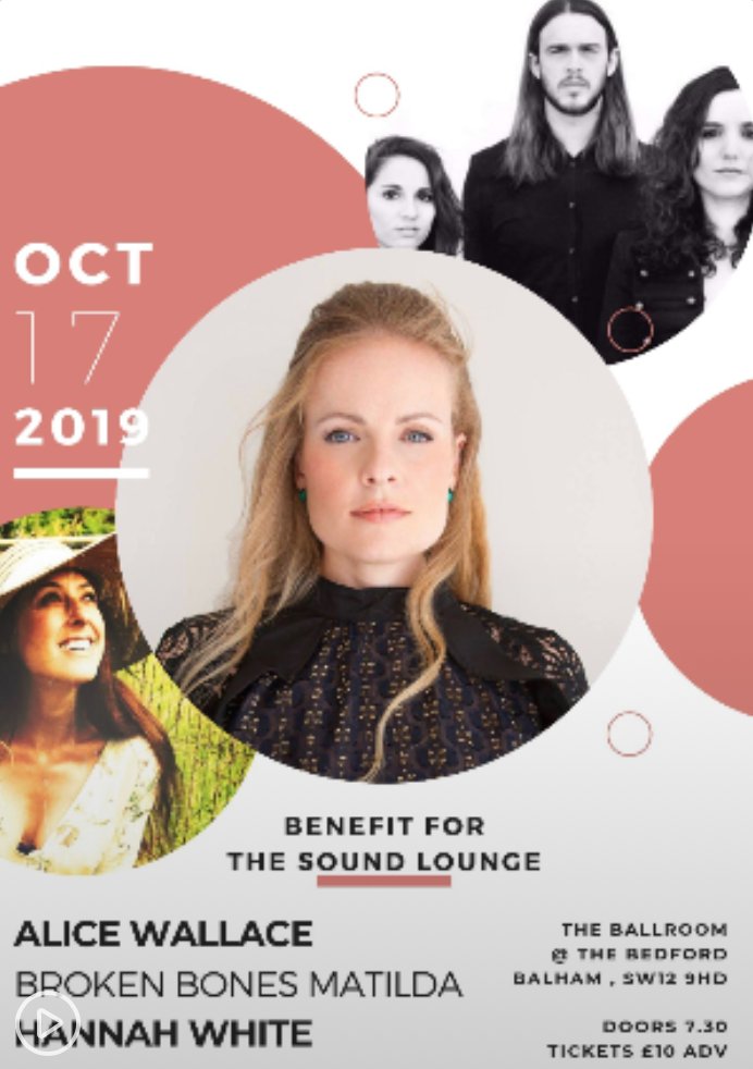 Tomorrow evening, I get to introduce the rather fine triple bill of @alicewallace @songsbyhannah + #BrokenBonesMatilda at our @soundloungeCIC fundraiser @thebedford Noble cause AND a great night out. Tickets a mere £10.50 here bit.ly/33v9KHE