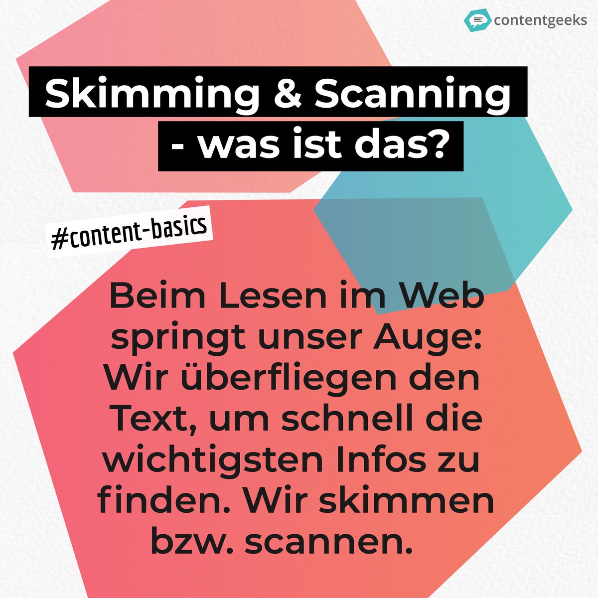 content_geeks's tweet photo. Lesen im Web funktioniert anders, als in Büchern! 📖 Wir skimmen &amp; scannen - suchen immer genau die richtige Information so schnell wie möglich. Fürs #content Design lautet die Devise also: klar, knapp, übersichtlich &amp; visuell ansprechend! 🤓 #contentbasics https://t.co/2vSsU2ZZXn